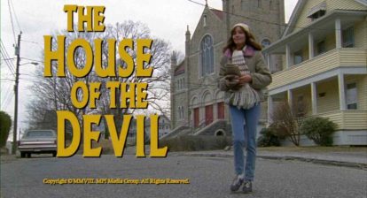 Samantha (Jocelin Donahue) at the title screen of the Ti West supernatural horror film The House of the Devil.