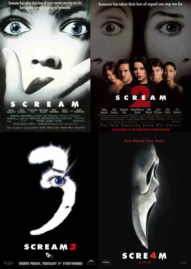 All the movies from the scream franchise by Wes craven in where a ghostface killer terrorizes a town.