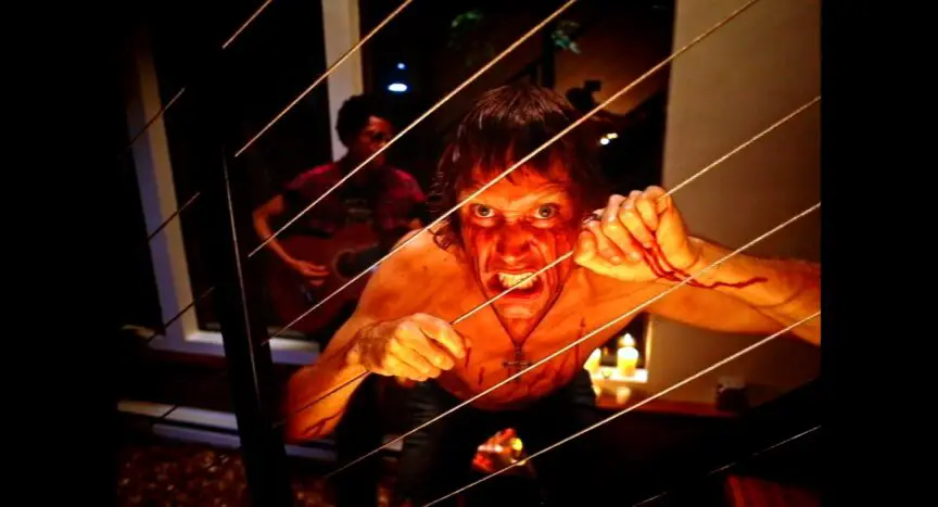 Dangerous looking man magnified in red.